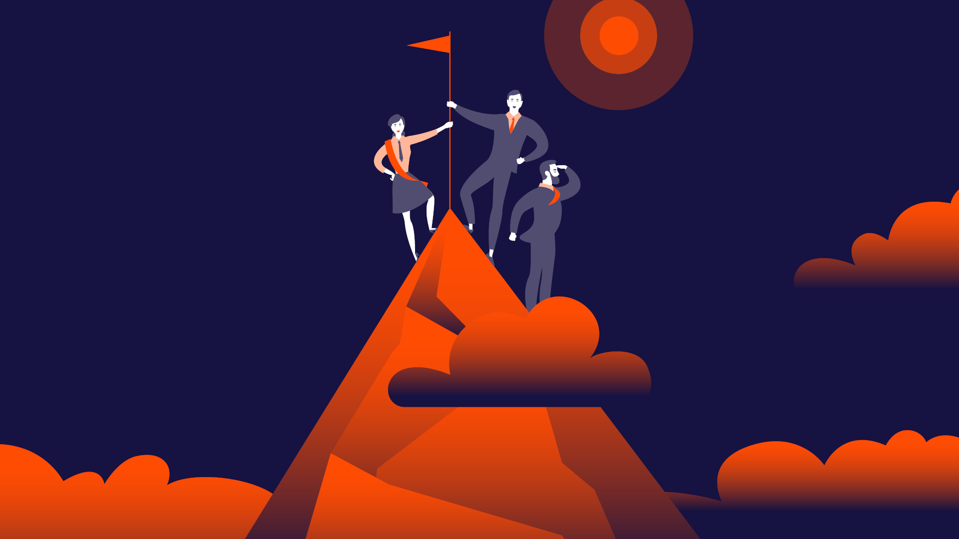 cartoon people stood atop a mountain