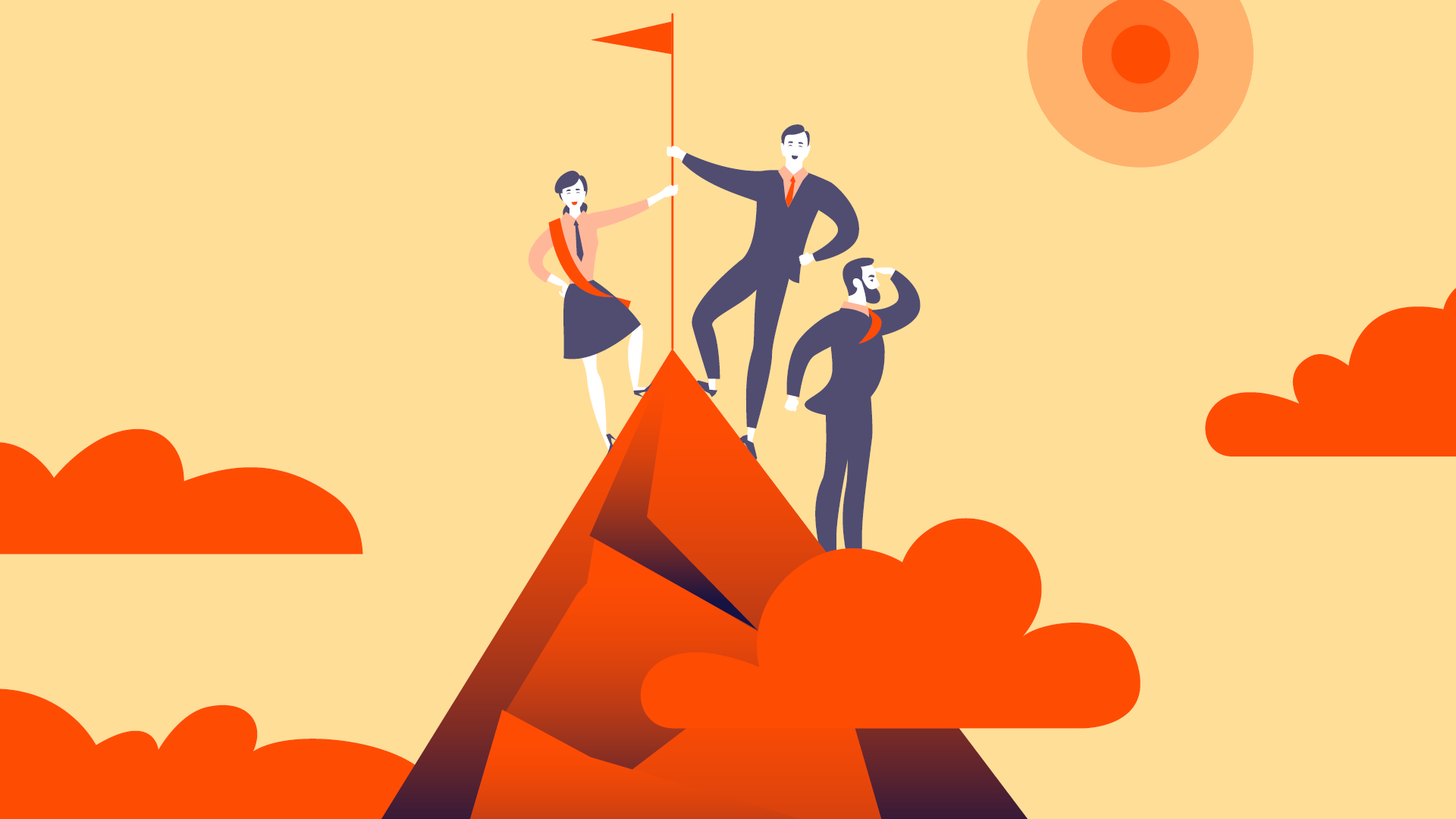 cartoon people stood atop a mountain